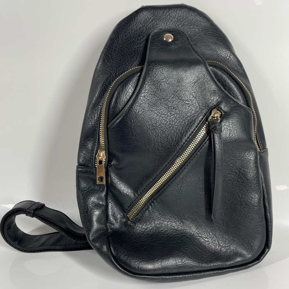 Black Faux Leather Sling Bag Crossbody Backpack Gold Hardware SKU-29384